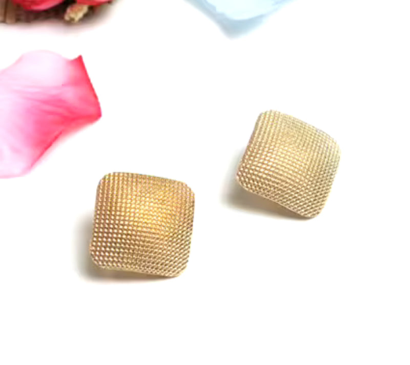 Clip on 1" textured gold square button style earrings