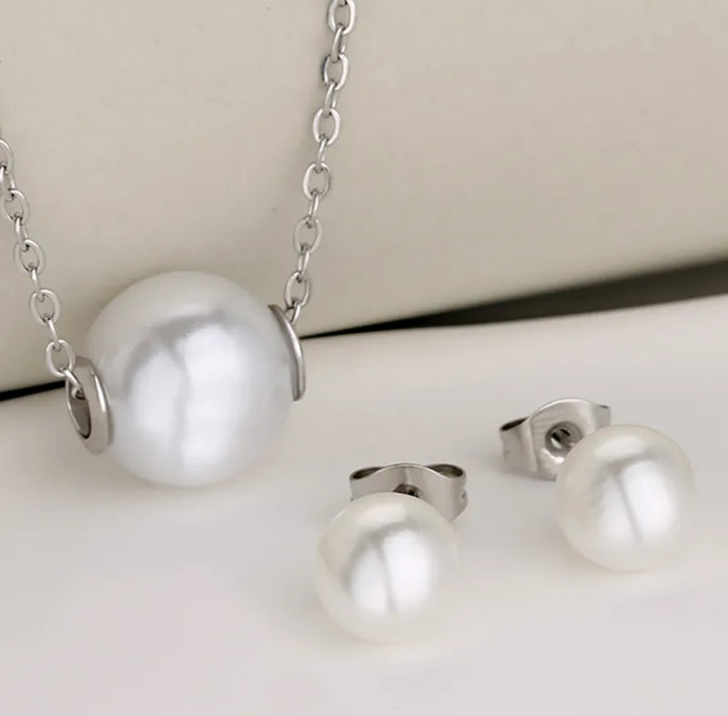 Stainless Steel silver pierced chain white pearl necklace and earring set