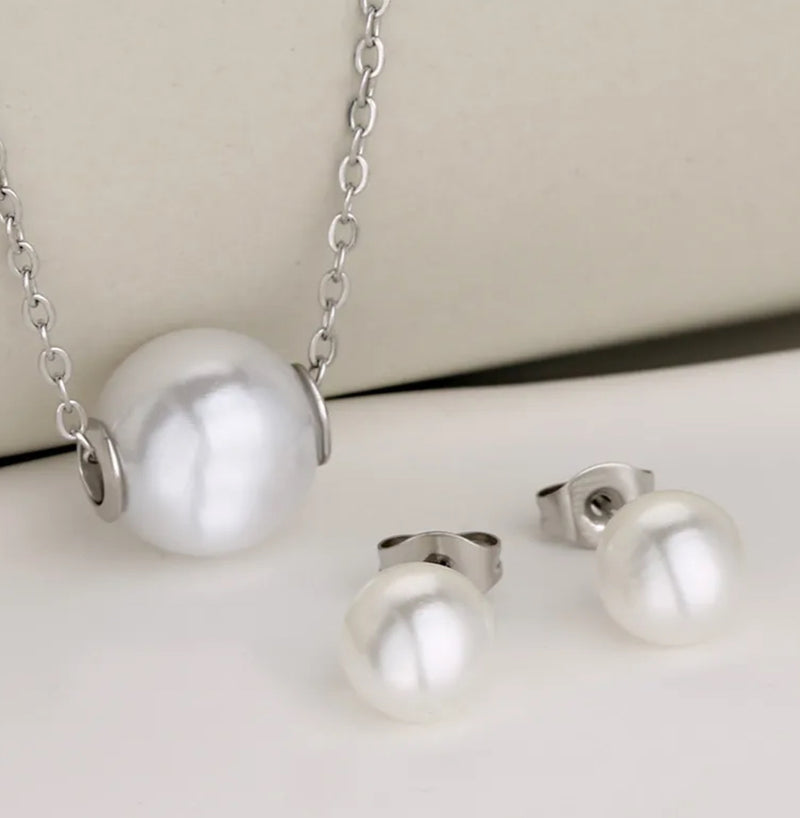 Stainless Steel silver pierced chain white pearl necklace and earring set