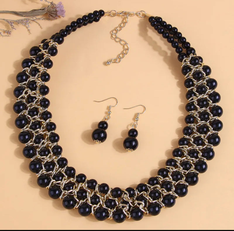 Clip on gold and pink multi colored five strand pearl beaded necklace set