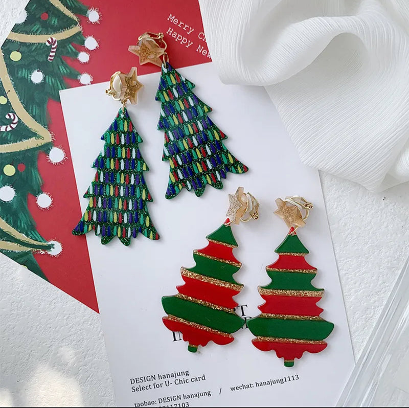 Clip on 3" gold, red, and green stripe glitter Christmas Tree earrings