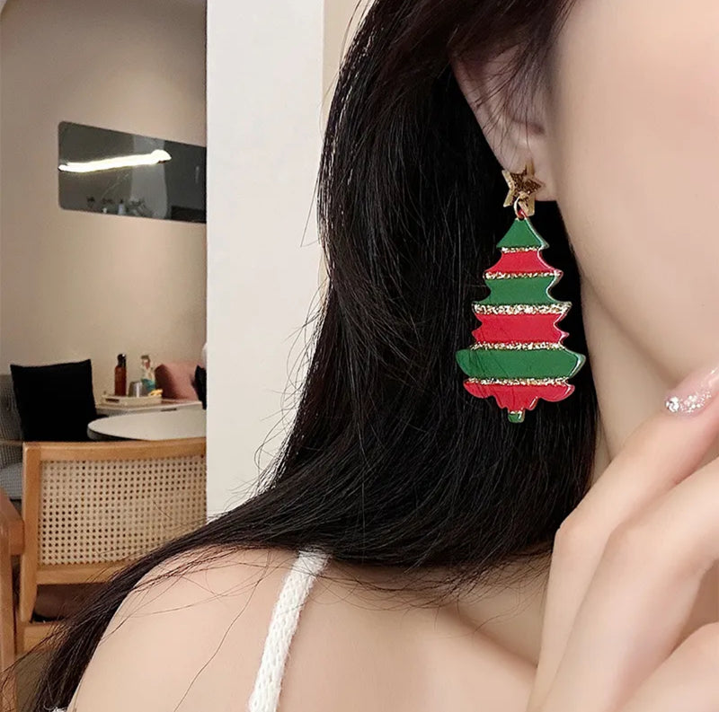 Clip on 3" gold, red, and green stripe glitter Christmas Tree earrings