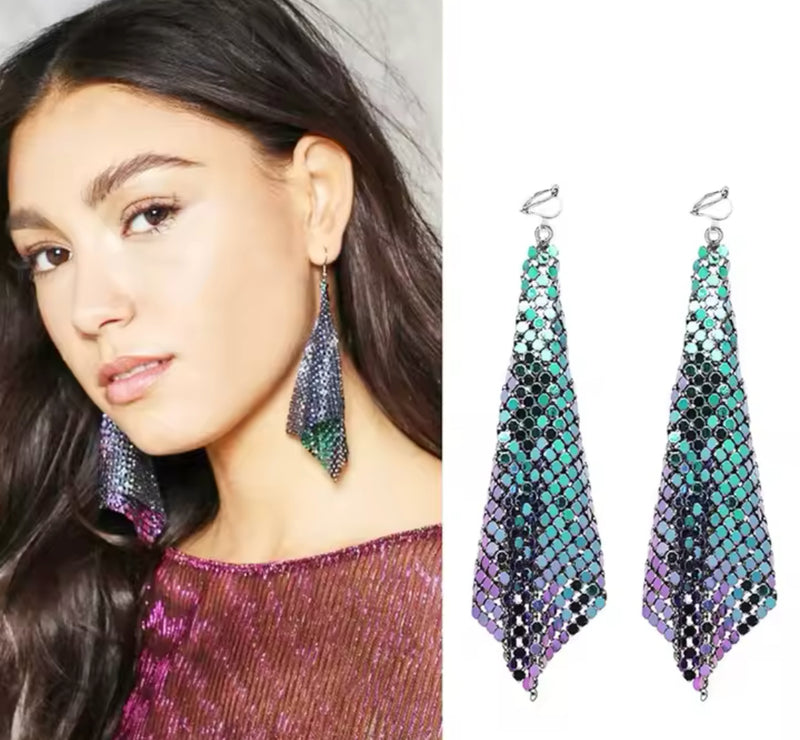 Clip on 4" long black sequin geometric square shiny dangle earrings