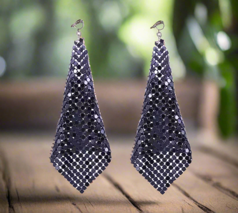 Clip on 4" long black sequin geometric square shiny dangle earrings