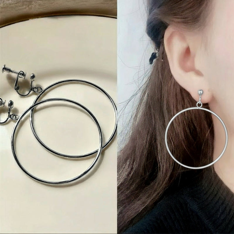 Clip on 2 1/2" large silver dangle screw back hoop earrings