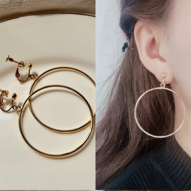 Clip on 2 1/2" large gold dangle screw back hoop earrings