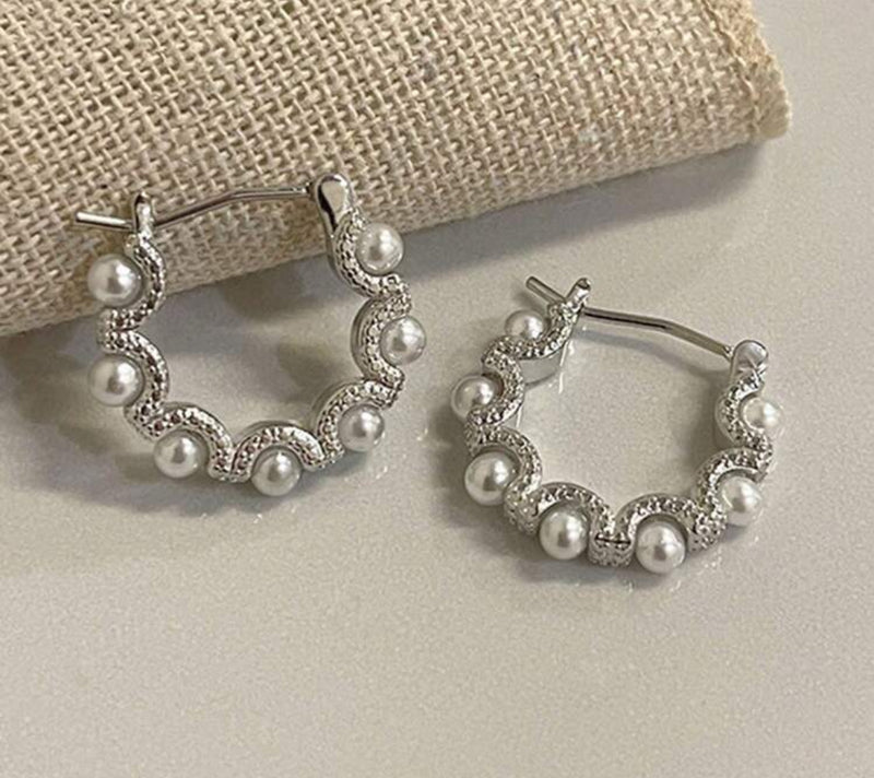 Pierced 3/4" small silver and pearl hoop earrings