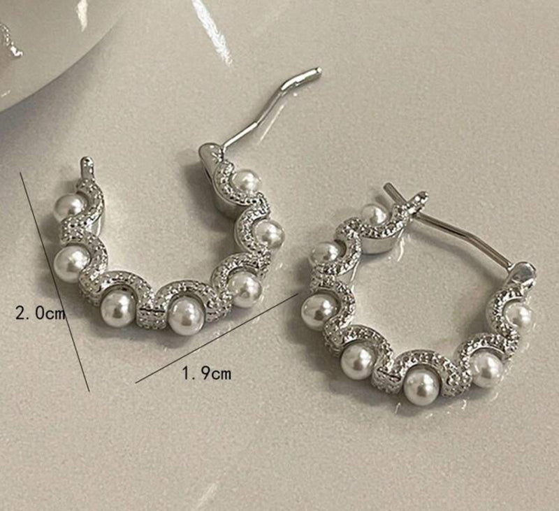 Pierced 3/4" small silver and pearl hoop earrings