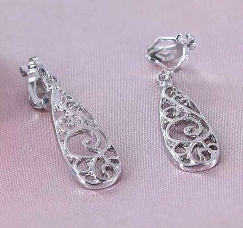 Clip on 1 1/4" silver cutout dangle teardrop earrings