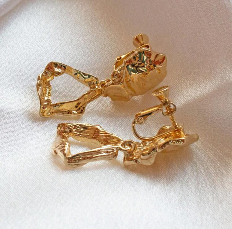 Clip on 1 3/4" wrinkled gold dangle odd shaped hoop earrings