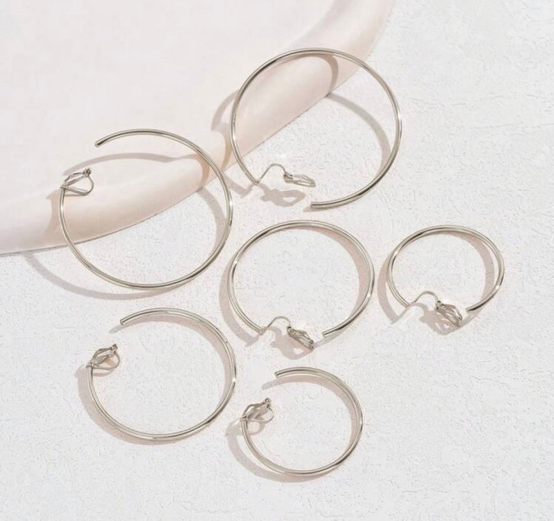 3 Pairs of clip on shiny silver open back hoop earrings
