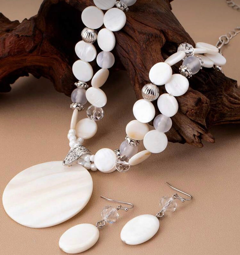 Pierced silver and white shell bead necklace and earring set