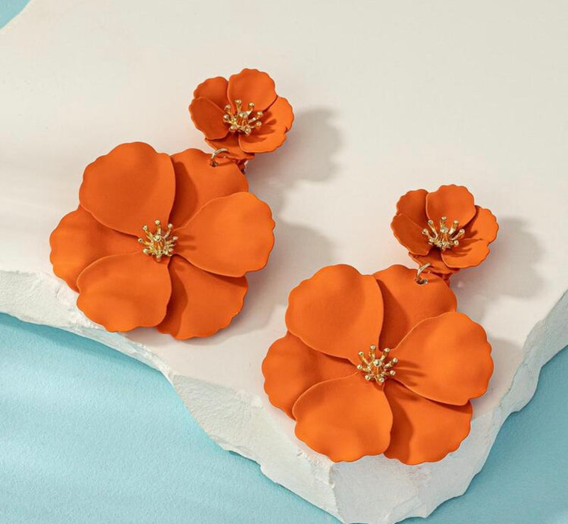 Clip on 2 3/4" gold and orange double flower dangle earrings