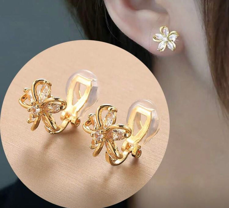 Clip on 1/2" small silver clear stone flower button style earrings