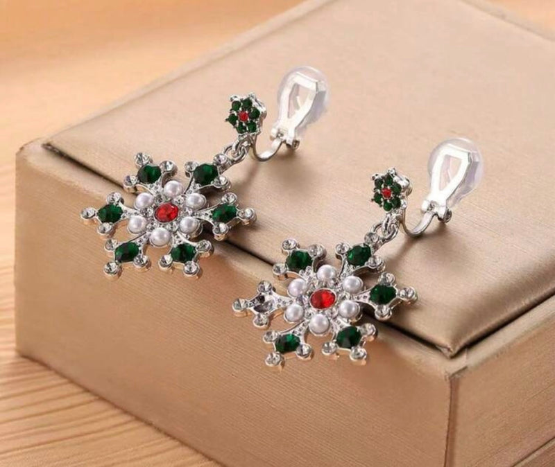 Clip on 1" silver, red, green stone and pearl dangle snowflake earrings