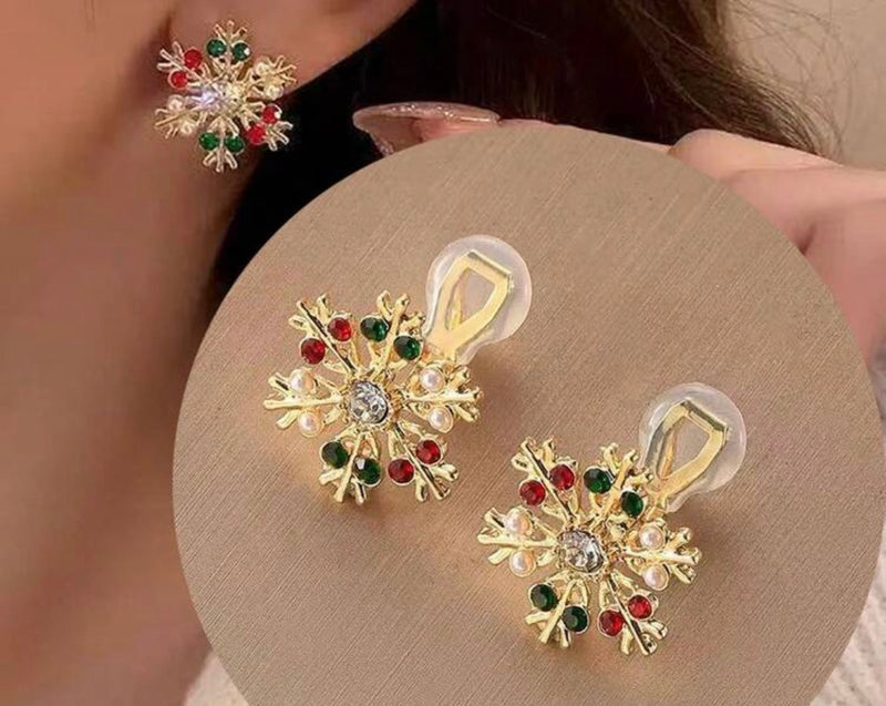 Clip on 1" silver, red, green and pearl snowflake button style earrings (Copy)