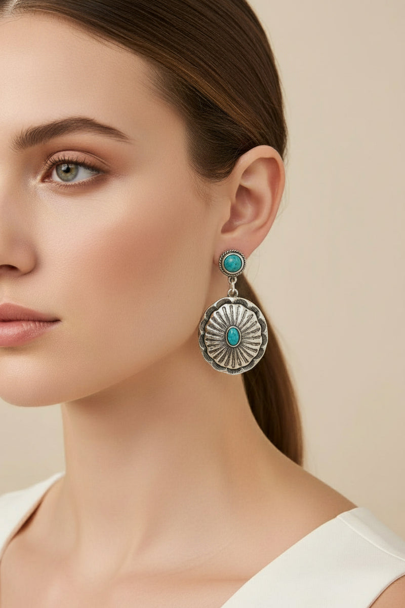 Western pierced 2" silver and turquoise stone hoop earrings