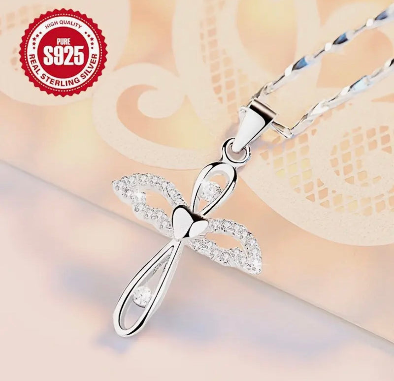 NECKLACE ONLY-Sterling silver wing & heart cross woven 18"necklace