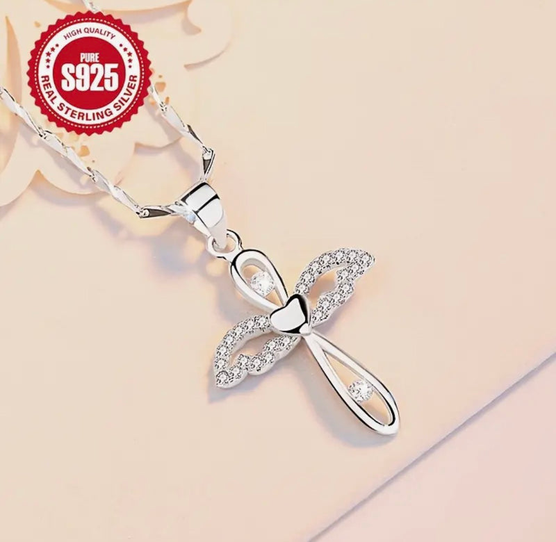 NECKLACE ONLY-Sterling silver wing & heart cross woven 18"necklace