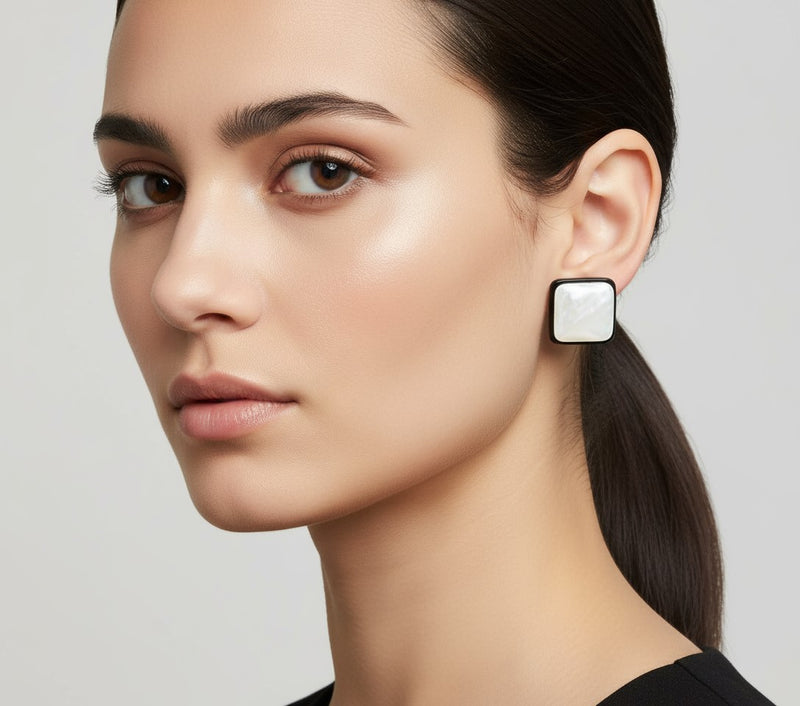 Clip on 1" silver, black and iridescent white shell square button style earrings