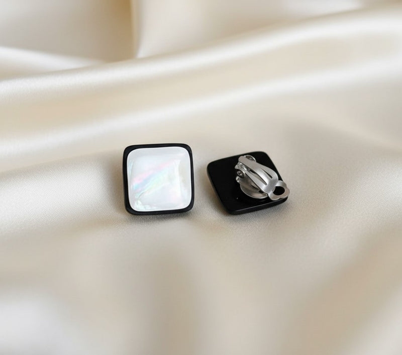 Clip on 1" silver, black and iridescent white shell square button style earrings