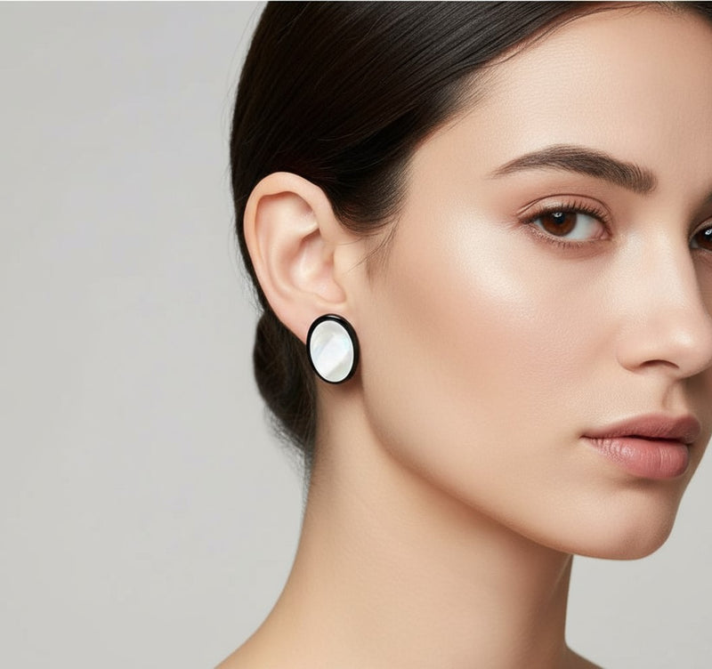 Clip on 1" silver, black and iridescent white shell oval button style earrings