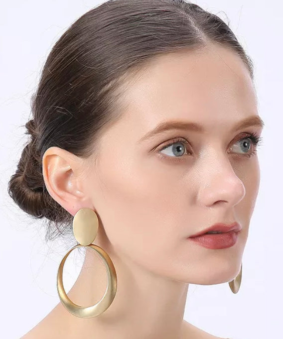 Trendy clip on 3 1/2" XL matte rose gold dangle raised hoop earrings