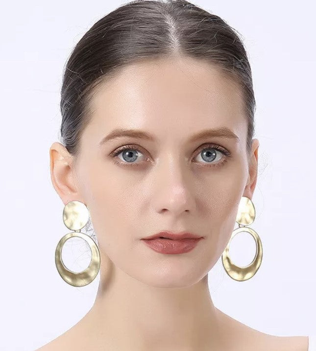 Clip on 3" Xlarge matte gold flat hammered hoop earrings