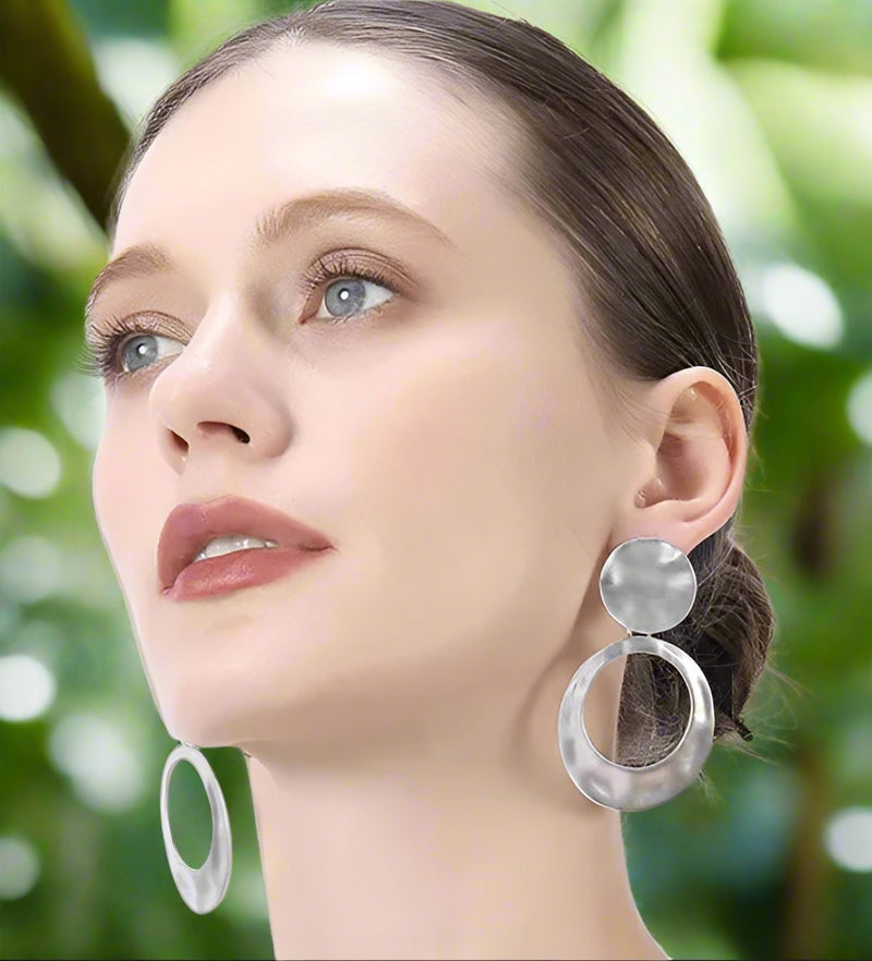 Clip on 2 3/4" shiny gold hammered dangle hoop earrings