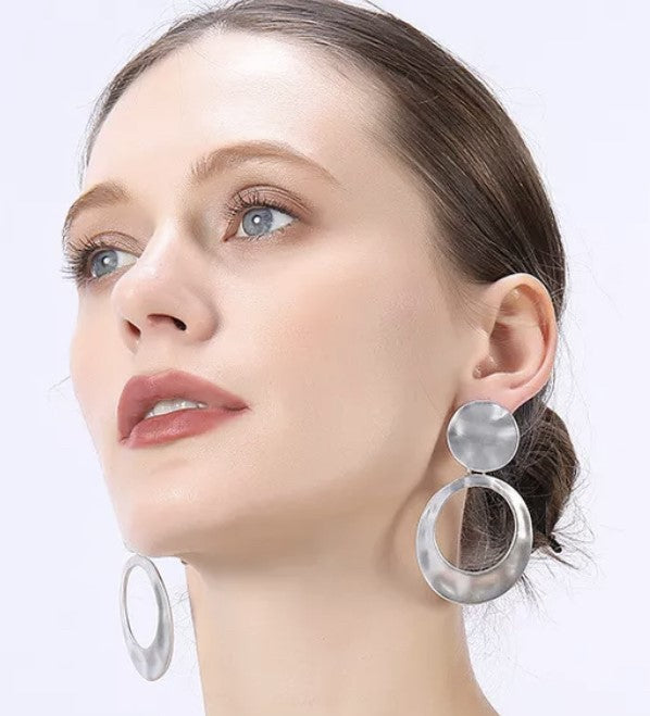 Clip on 3" Xlarge matte silver flat hammered hoop earrings