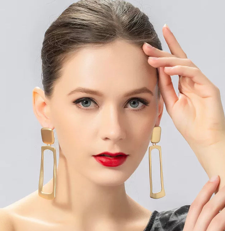 Clip on 4" Xlarge matte gold or silver long square dangle earrings