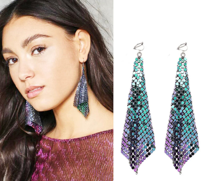 Clip on 4" long multi colored sequin geometric square shiny dangle earrings