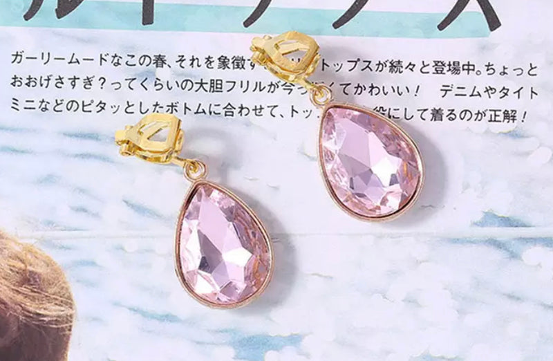 Clip on 1 1/4" gold, red, blue or pink stone dangle teardrop earrings