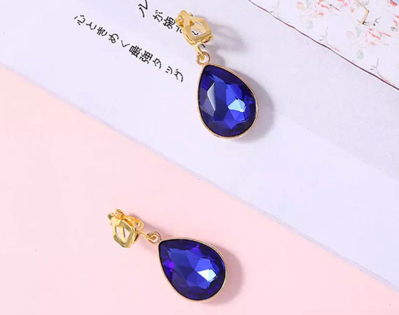 Clip on 1 1/4" gold, red, blue or pink stone dangle teardrop earrings