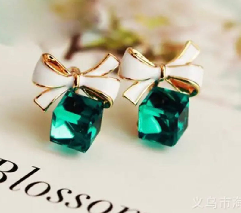 Clip on 1/2" gold, blue or white and green square stone bow dangle earrings