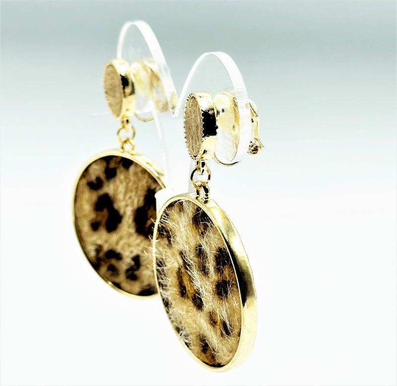 Clip on 2 1/4" gold, brown hairy animal print double circle earrings