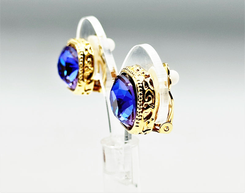 Clip on 1/2" gold, blue & purple multi colored square stone earrings