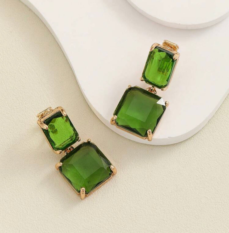 Clip on 1 1/2" gold and green double square dangle earrings