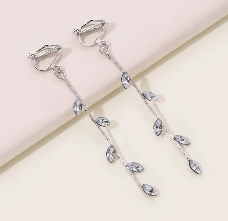 Clip on 3" silver clear stone dangle vine earrings