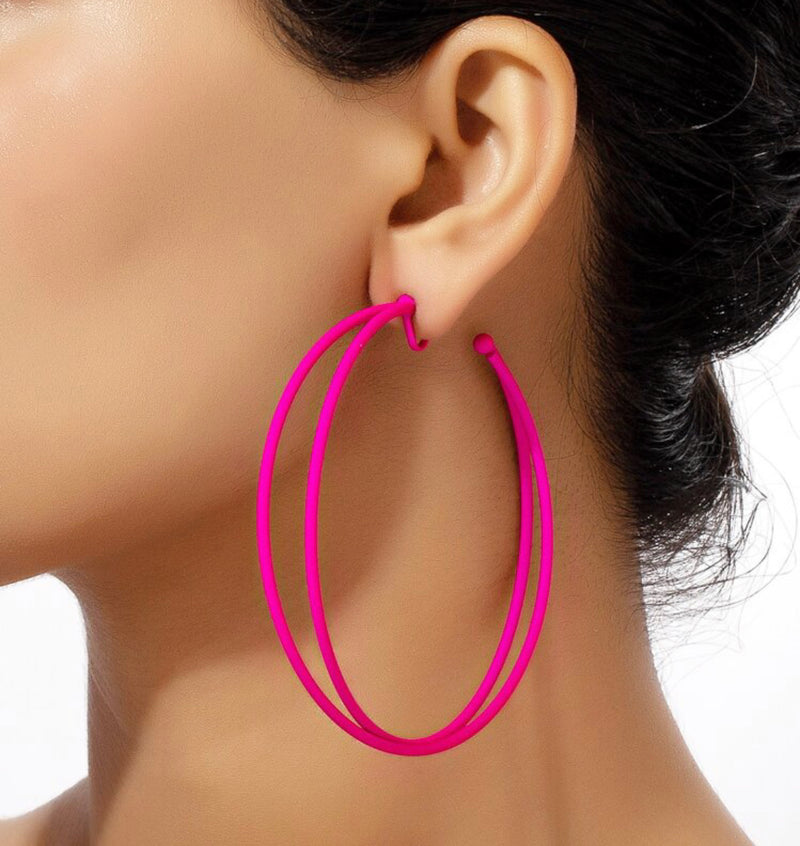 Clip on 3 1/4" XL pink double layer twisted open back hoop earrings
