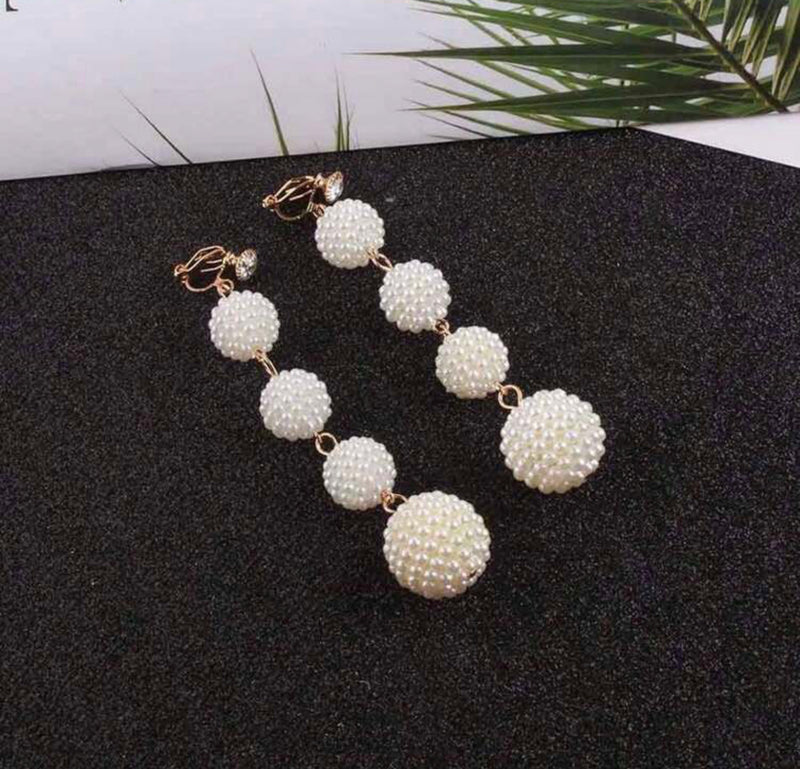 Clip on 3 1/2" long gold seed bead cream pearl ball earrings with clear stone