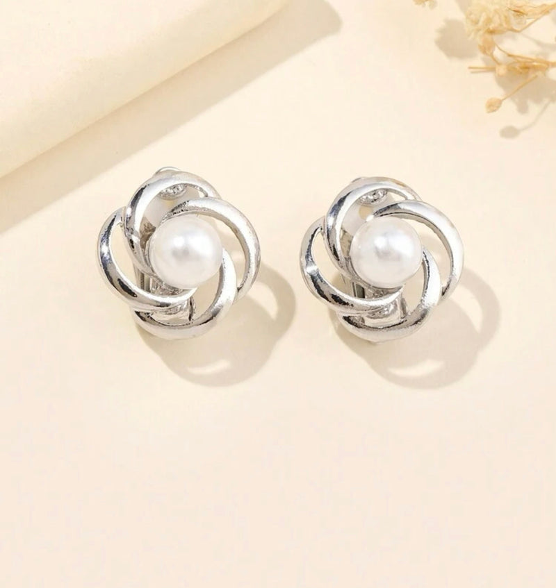 Clip on 3/4" silver and white pearl cutout button style earrings