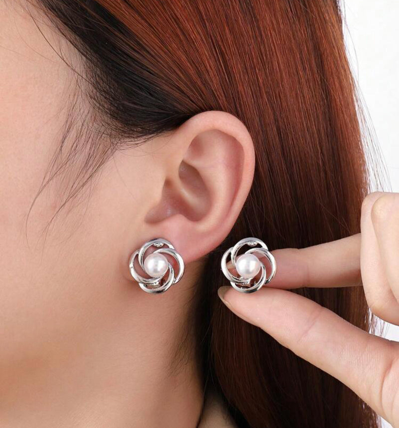 Clip on 3/4" silver and white pearl cutout button style earrings