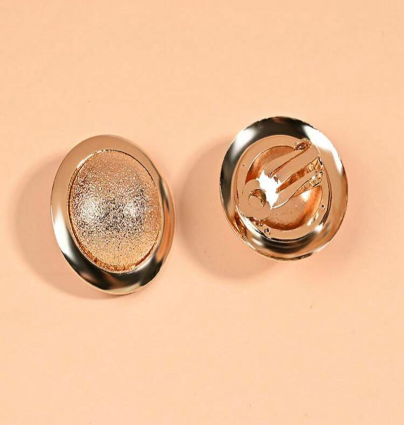 Clip on 1" textured and shiny gold round button style earrings