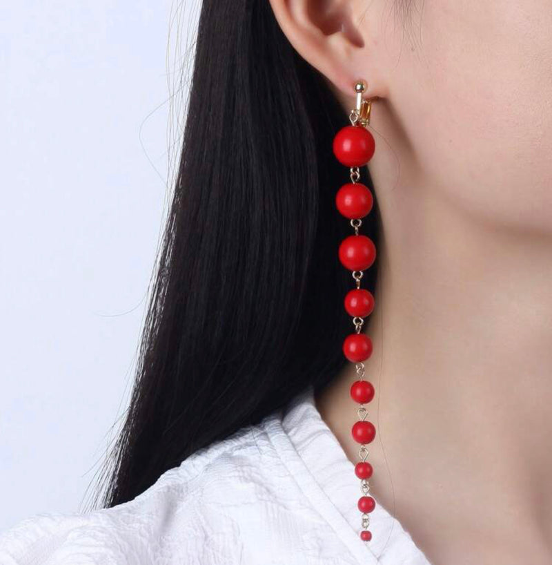 Clip on 6" Xlong gold and red bead graduated dangle earrings