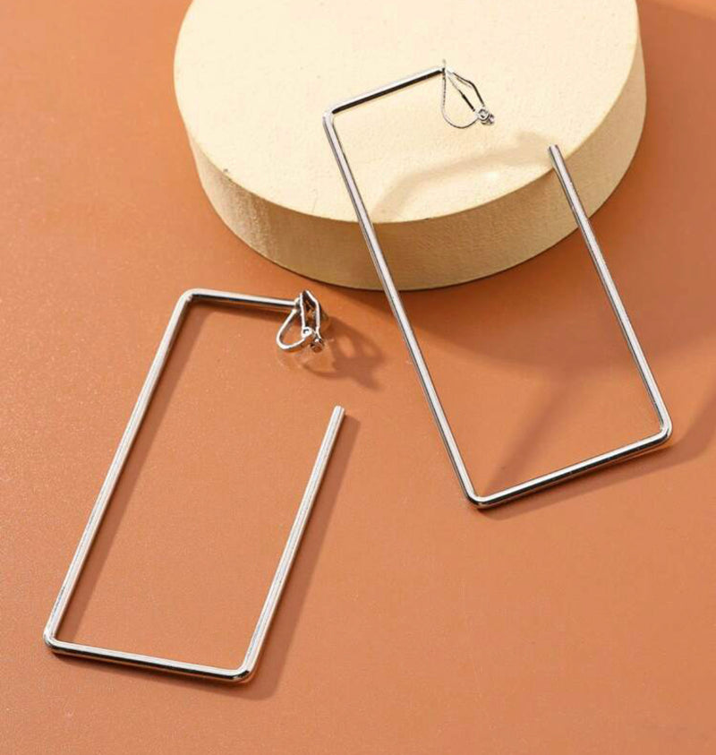 Clip on 3" x 1 1/2" silver wide square open back earrings