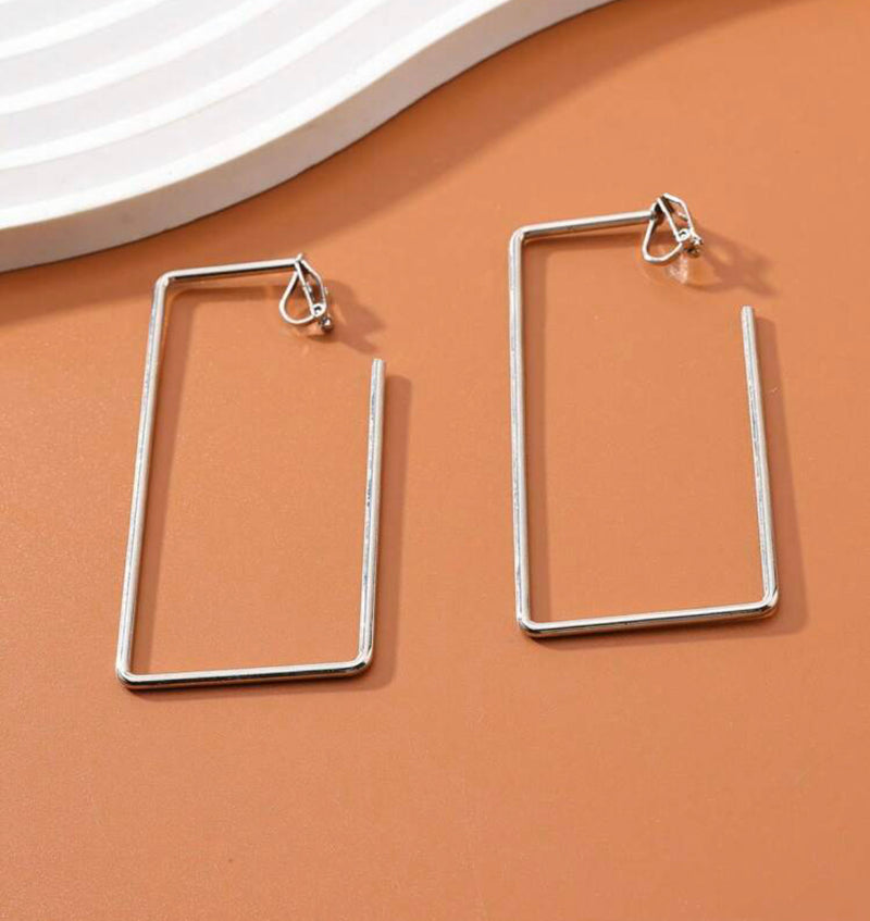 Clip on 3" x 1 1/2" silver wide square open back earrings