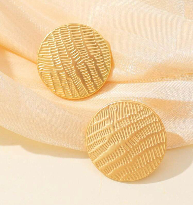 Clip on 1" matte gold textured flat round button style earrings