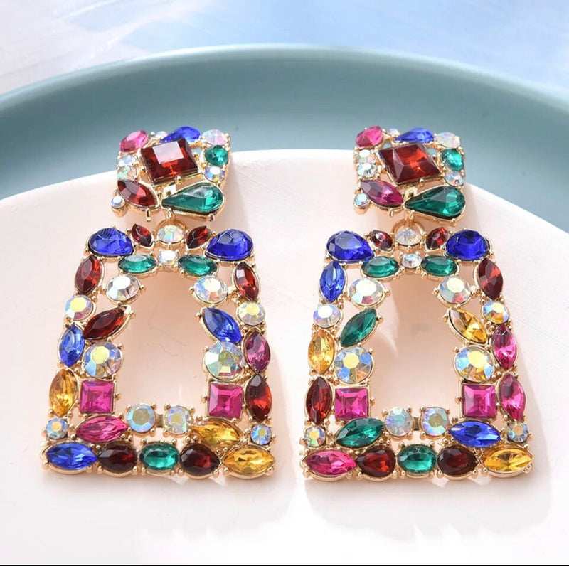 Clip on 2 3/4" gold multi colored, fluorescent or blue odd shaped stone earrings