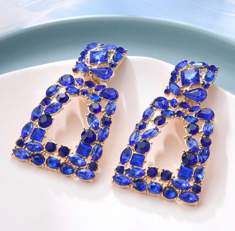 Clip on 2 3/4" gold multi colored, fluorescent or blue odd shaped stone earrings